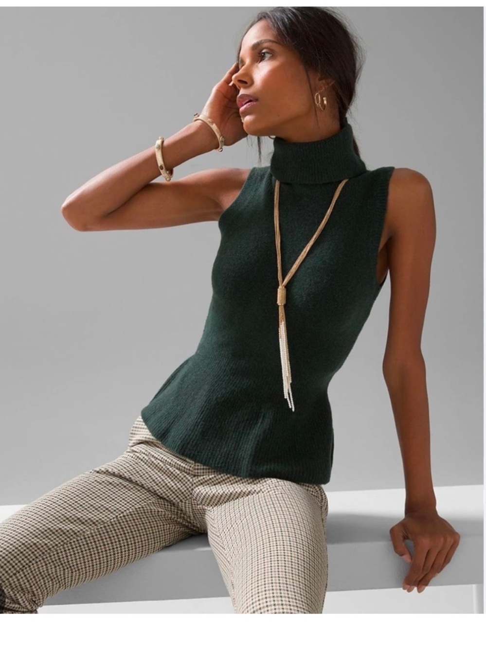 White House Black Market Soft Turtleneck Peplum In Green Spruce New small - Picture 2 of 14